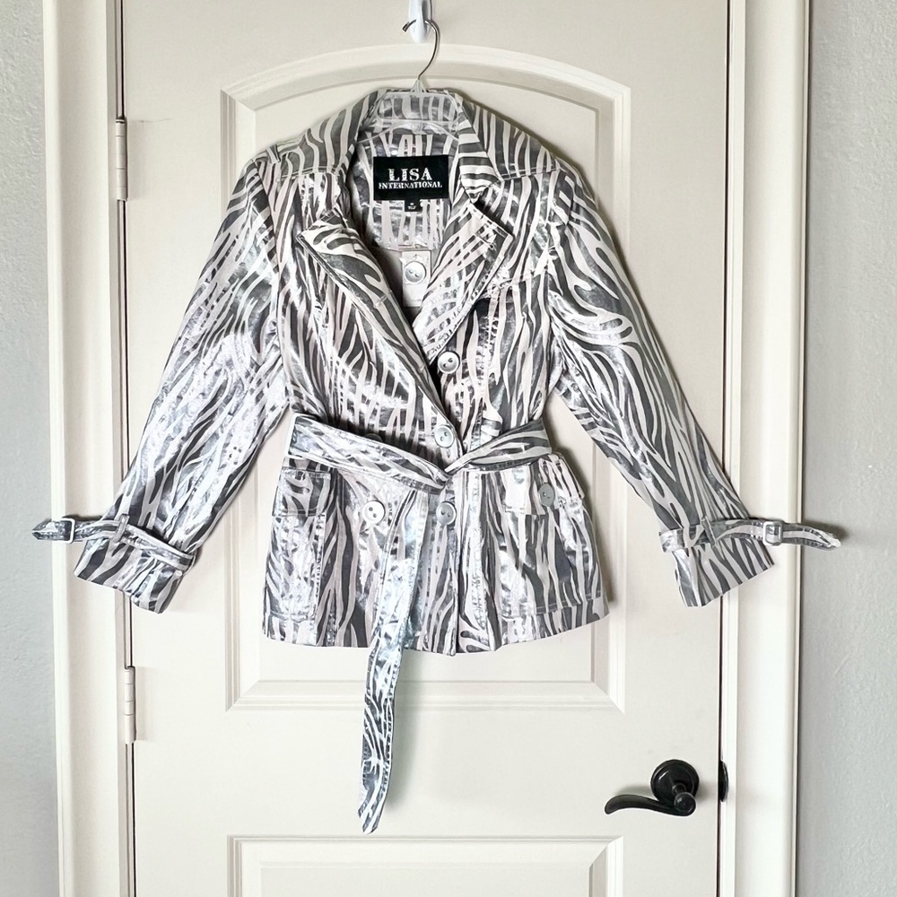 Lisa International Silver Metallic Zebra Print Double Breasted Belted Jacket M